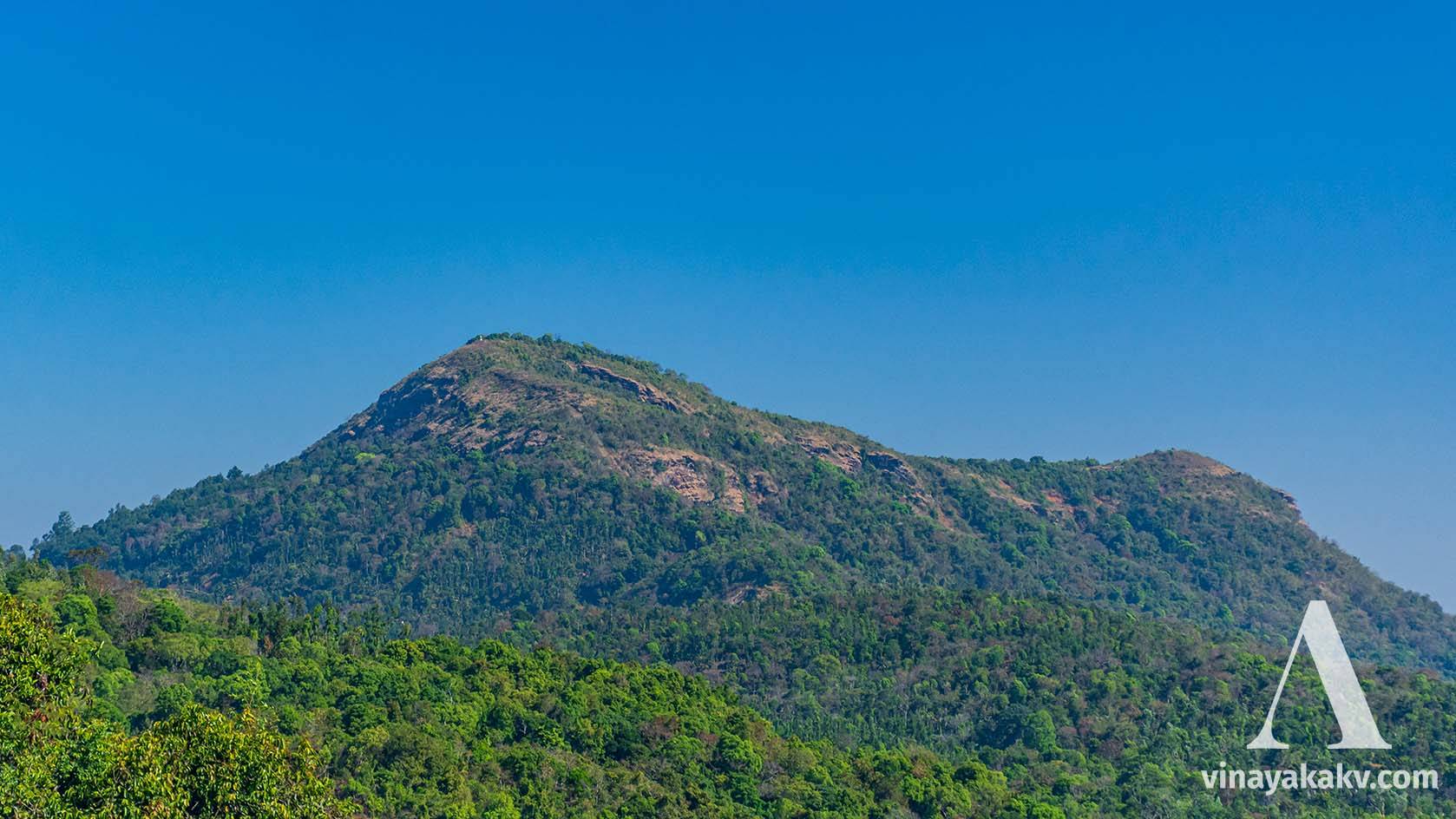 The _Mallarasana Gudda_ peak. The white dot at its top is a statue of Jesus Christ, resembling "Christ the Redeemer" in Rio de Janeiro.